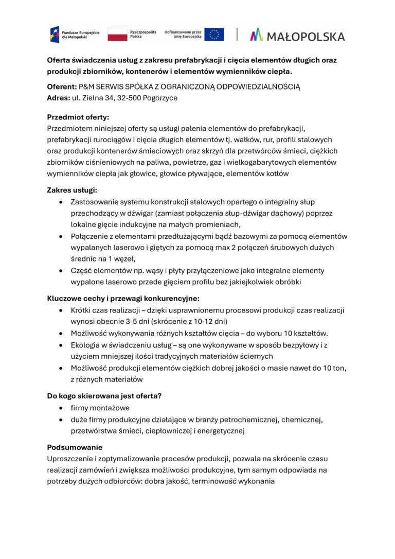 Oferta zakładu P&M Serwis